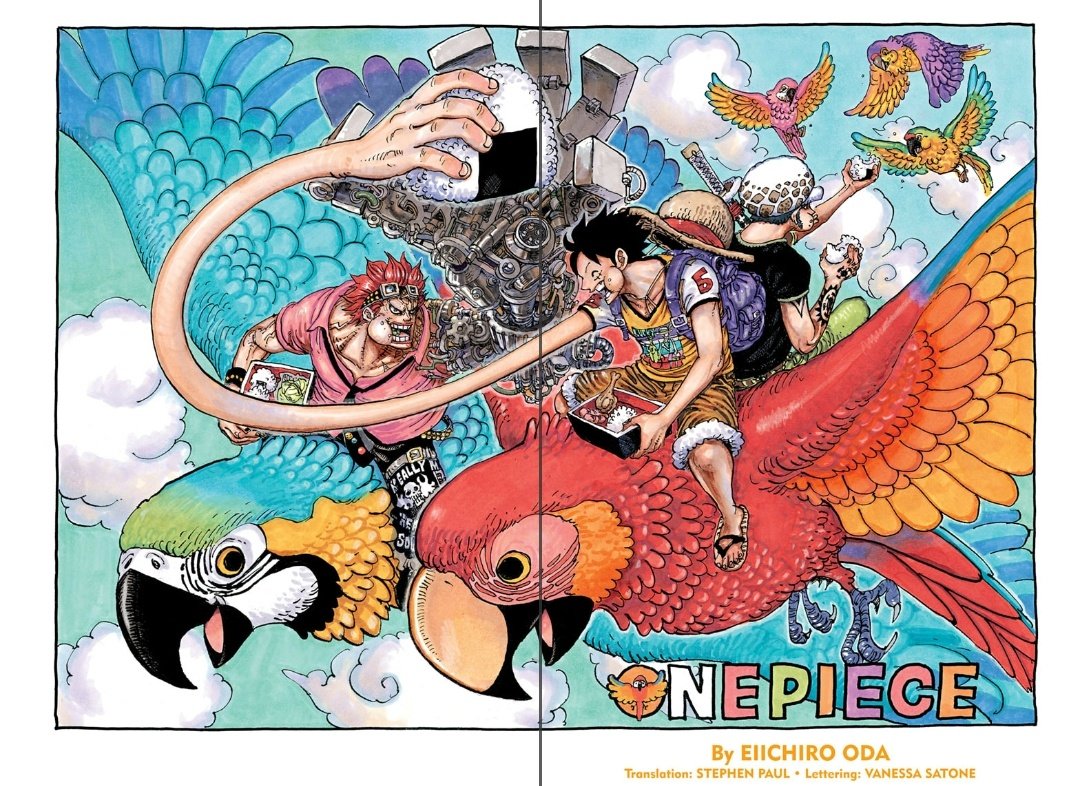 One PieceDouble-page couleur pour les 23 ans du manga, avec à l'honneur notre trio principal de Supernovas.Concernant le manga, le raid à Onigashima commence sérieusement à gagner en intensité, alors que la plupart des intrigues se mettent à converger vers Momo et Kaido...