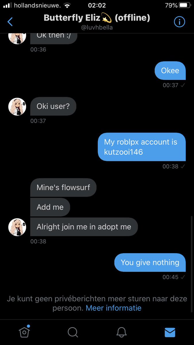 Kutzoois's tweet photo. @x_coconutt Yes, I have one where she talked to her. She didn’t make a screen when they were in adopt me, but after she gave the eggs she blocked her immediately! https://t.co/tu34UzQved