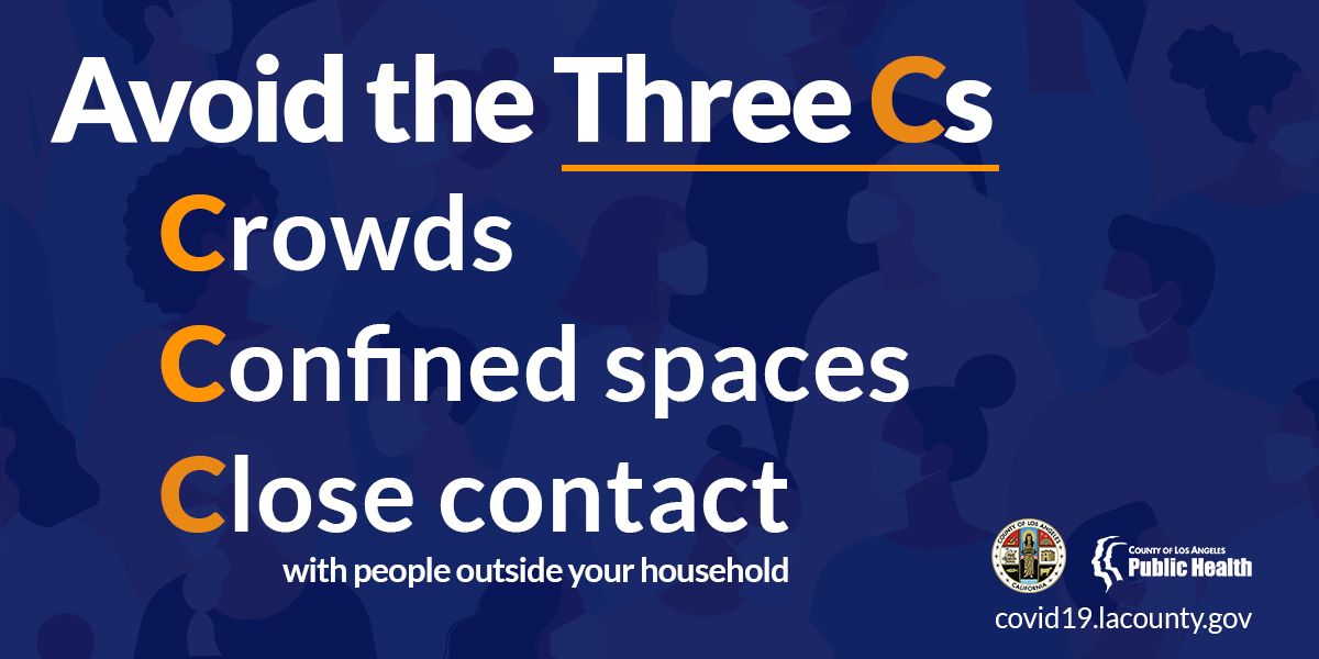 CountyofLA's tweet photo. It’s on all of us to slow the spread of #COVID19. Wear a mask. Keep physical distance. Wash your hands. Avoid the three Cs. https://t.co/Do1g7NtMlr