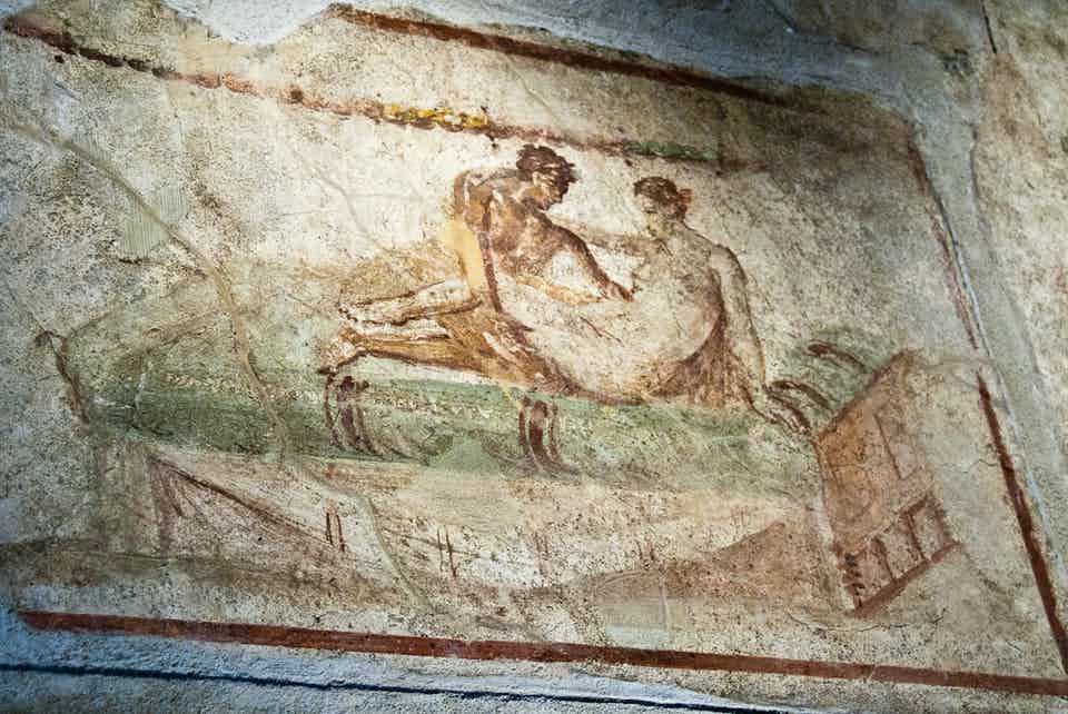 FlashyFact's tweet image. When a brothel in Pompeii was unovered, the archaeologists came across rather explicit images and graffiti. Some of the graffiti were: "Thrust slowly", "Euplia was here... with two thousand beautiful men" and list prices: "Euplia sucks for five asses" (which is a currency name).