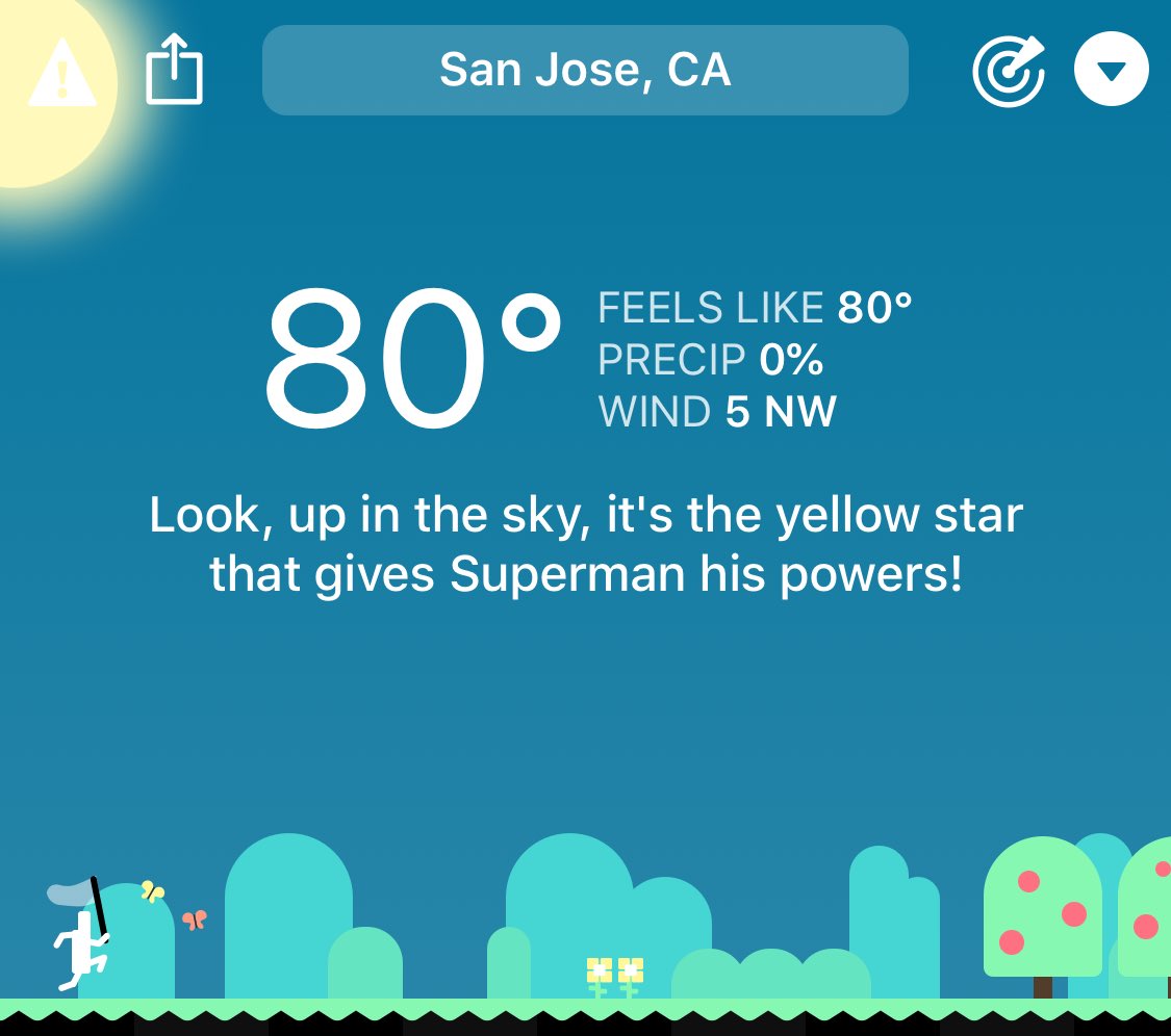 beckylevanger's tweet photo. CARROT Weather's forecast for San Jose 😮 #carrotweather https://t.co/CViqSmBCeG doesn’t get much better than that! https://t.co/MdxbClaCQj