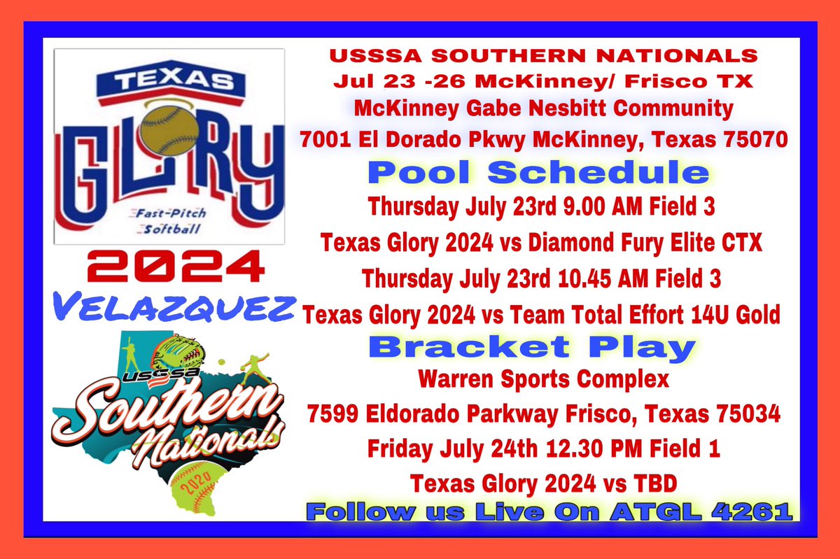 texasglory2024's tweet photo. The #TexasGlory2024 Girls are getting tuned up for the USSSA Southern Nationals starting Thursday in McKinney TX.
All games will be streamed on ATHLETESGOLIVE code 4261. @USSSAFastpitch @TexasGlory @AthletesGoLive #KeepGrinding 💪🥎❤️💣 @rickcowan68 https://t.co/6xfajke01x