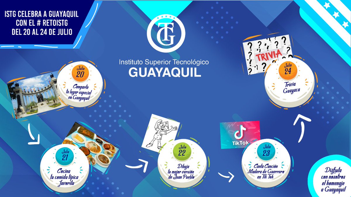 istg_ec's tweet photo. Compartimos el cronograma de actividades para celebrar a Guayaquil en sus fiestas con el #RetoISTG que se desarrollará en esta semana. #SomosISTG #ISTGCelebrandoCiudadGuayaquil https://t.co/AX4n6WWkjt