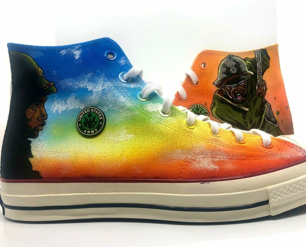 SneakerFare's tweet photo. Honoring the African Americans who valiantly served our country.
#customshoes #customsneakers #customsneaker #customchucks #customnikes #usa #usarmy #blm #blmmovement #angeluspaint #angelusdirect #jacquardproducts #featuremysneaks #hypebeastkicks #art #pโฆ https://t.co/MrZt3Yen4u https://t.co/8QmmzAwqxp