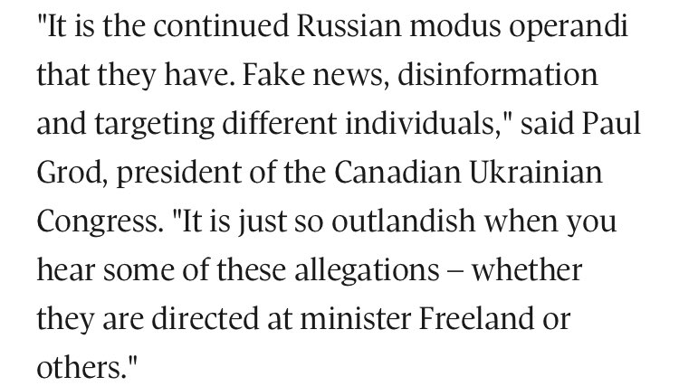 When the Russian embassy drew attention to Freeland/Chomiak’s Nazi heritage, Freeland claimed that she was the victim of Russian misinformation. But the facts are all public record. She is even credited with reading a book about Chomiak’s Nazism published in 1996. (14)