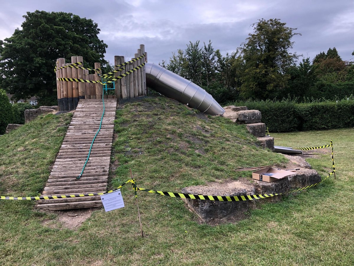 CumnorPC's tweet photo. Heading for the #Glebe play park in #Cumnor?  Please stay away from the 'mound'.  Stay outside the taped area - there's a structural problem.   Thanks, and please pass the message on...   Any issues please let us know https://t.co/C3O9HVPrwq