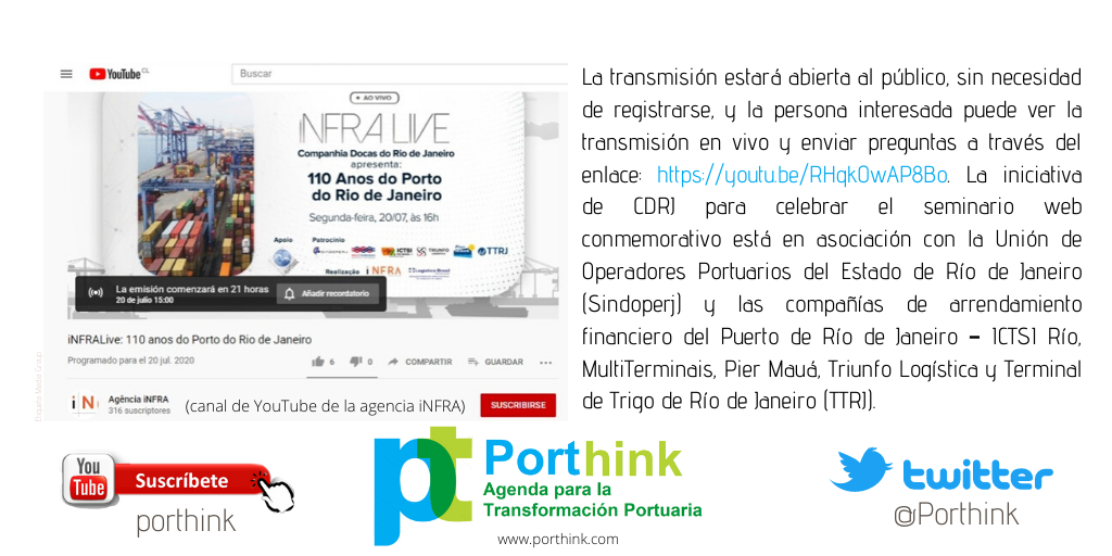 Porthink's tweet photo. #PORTHINK SE UNE A LA CELEBRACIÓN.

El 110 aniversario del Puerto de Río de Janeiro estará marcado por un seminario web #20Jul 

Información AQUÍ: https://t.co/5waLrNgZ9Y

#TransfomaciónPortuaria #InnovaciónPortuaria   #PortalPensamientoEstrategico #InteligenciaPortuaria https://t.co/S3LsjSYldr