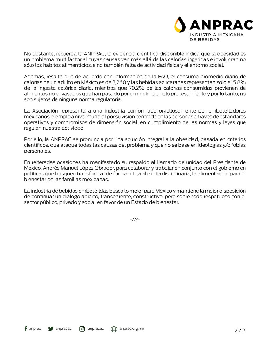 MexBebOficial's tweet photo. Reprueba la ANPRAC estigmatización de la industria refresquera; llama a un diálogo respetuoso y constructivo #Comunicado 🇲🇽 https://t.co/d7dAsAAOH5