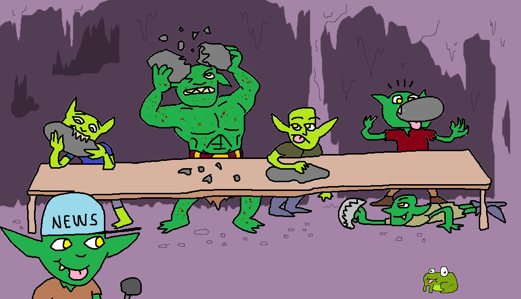 BugbatNews's tweet photo. It time for another rock eating contest! This time rocks a lot bigger and contestants have to smash em or eat em apart and swallow as much of the big rock as they can. Scabs making good headway (hehe) but the race has just started! #dnd #goblin #smashingsuccess https://t.co/XE0cwbQGfM