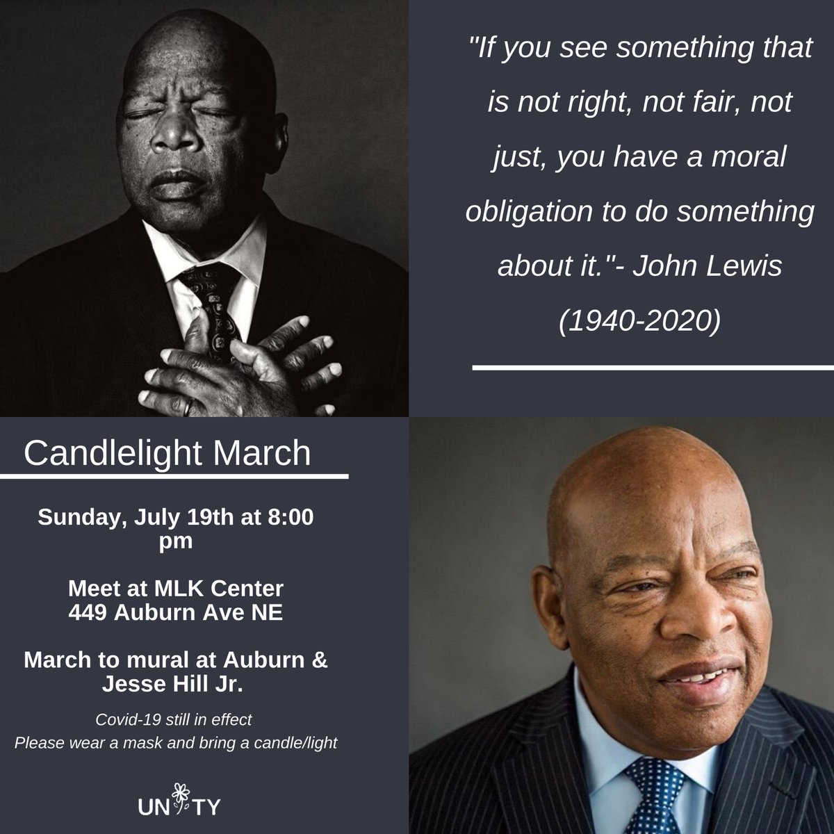 unityofus's tweet photo. Let’s gather together safely and peacefully to celebrate John Lewis and his legacy. ⁣
⁣
**UPDATE** sources confirm one march from King Center to Lewis Mural will merge with the one meeting along John Lewis Freedom Pkwy. https://t.co/hCerdyKgdl