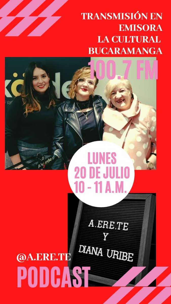 AeReTePodcast's tweet photo. Amigues en #Bucaramanga. Mañana lunes festivo a las 10 am se trasmitirá por la emisora @LaCulturalFM nuestro episodio 2 junto a @DianaUribefm. No se lo pueden perder! https://t.co/PDNwpxyGqh