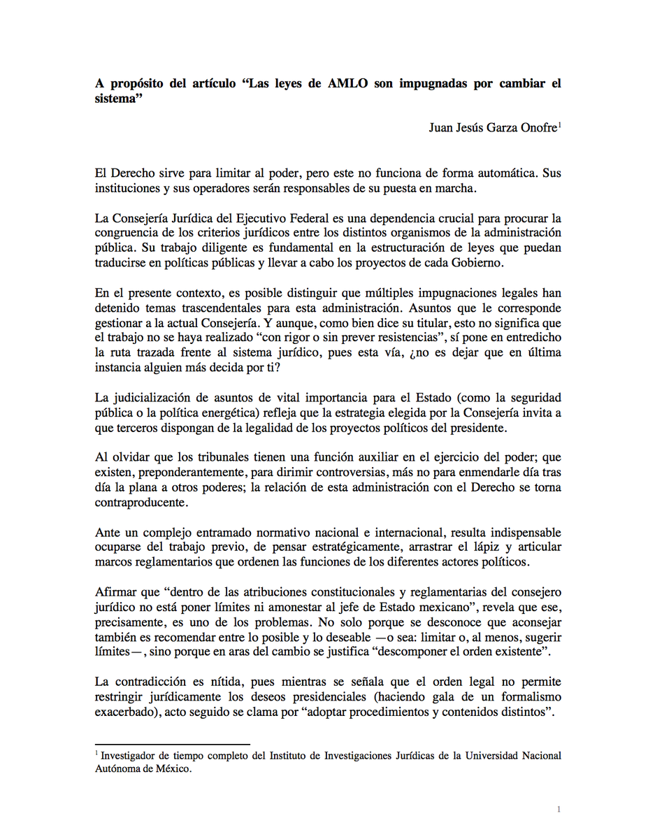 garza_onofre's tweet photo. Mi respuesta al Consejero Jurídico del Presidente, Julio Scherer (@JScherer_Ibarra), por el artículo "Las leyes de AMLO son impugnadas por cambiar al sistema", en el que alude a mi persona.

Lamentablemente, por criterios editoriales, no pudo publicarse en Revista @proceso https://t.co/yK2yyWm1ti