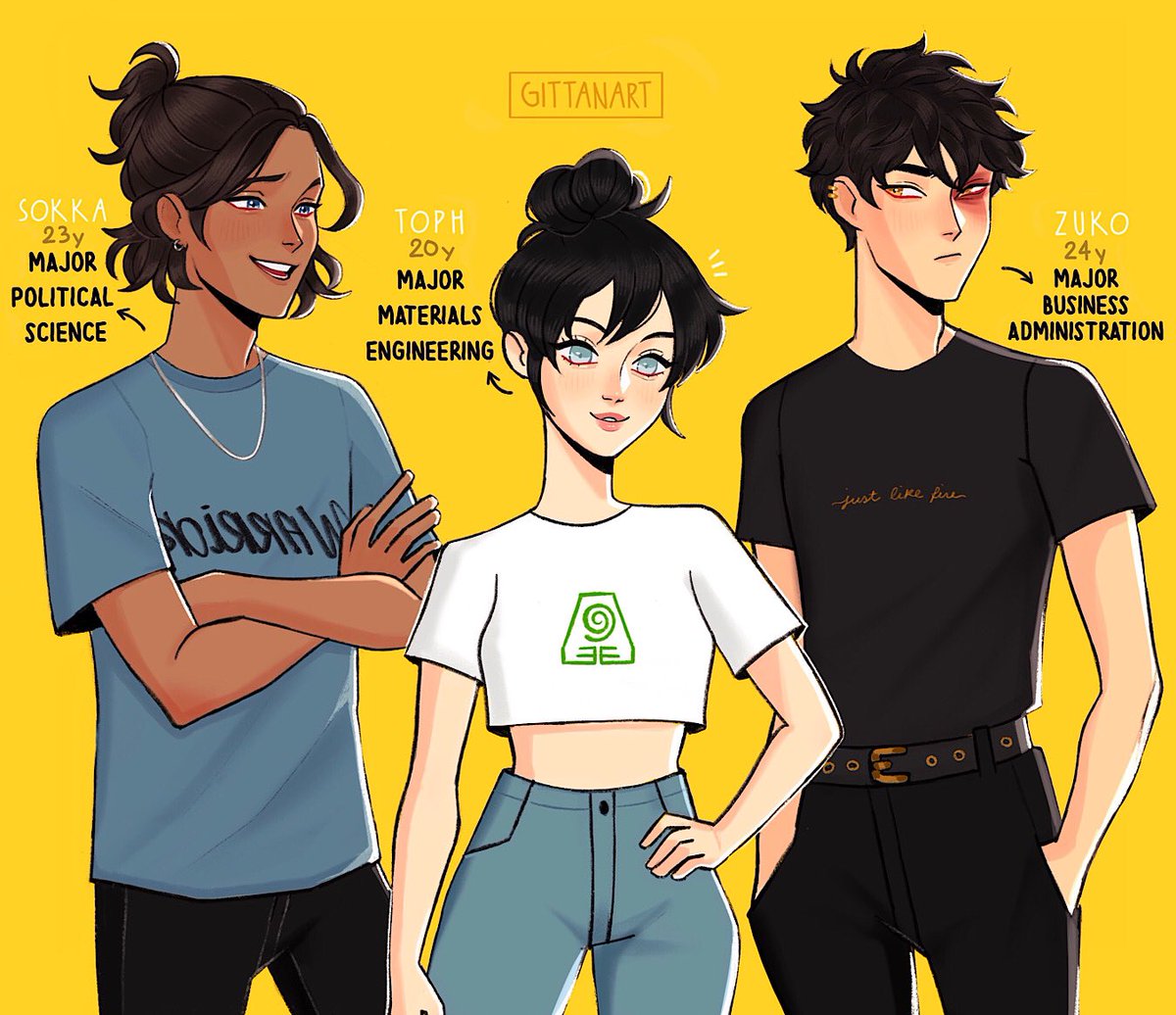 and now sokka, toph and zuko for the university au #avatar