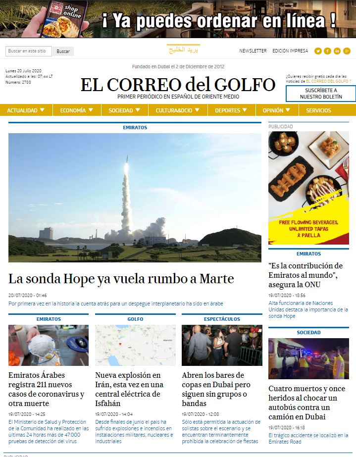 elcorreo_ae's tweet photo. ¡Grandioso día! Hoy es 20-07-20, fecha histórica para #Emiratos y #Arabes, que han logrado lanzar su primera misión interplanetaria #MarsHope. Y #Colombia celebra su #Independencia. Felicidades a árabes y colombianos. Y #FelizLunes a todos. Va la portada https://t.co/s8xptmDSYq https://t.co/lBFqEtguyM