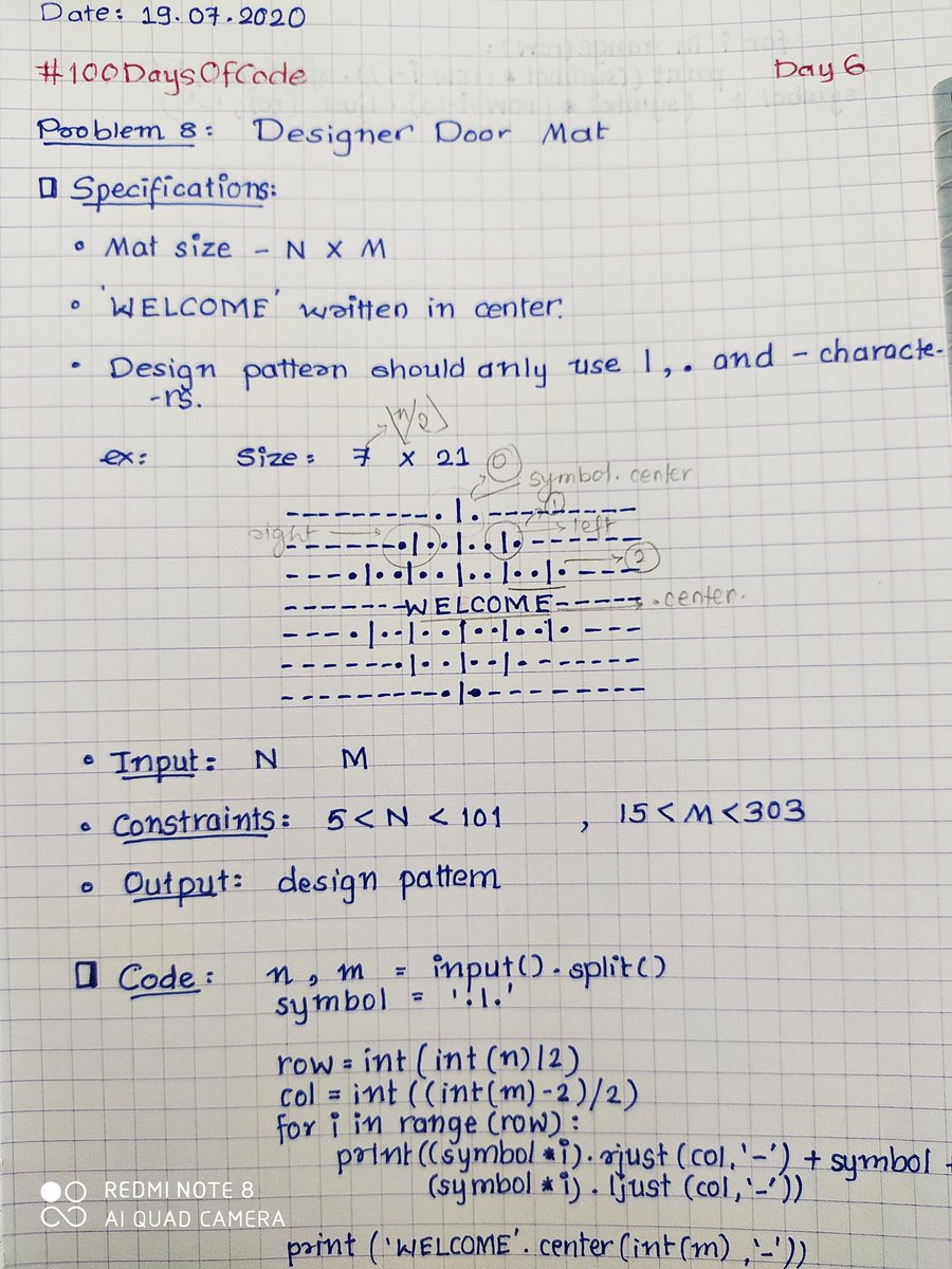 Nickruti28's tweet photo. #Day6 of #100DaysOfCode 
Solved 1 problem on #Hackerrank - 'Designer Door Mat'
Secondly, learnt something about how can we make logic for #AI under #CS50AI lecture 1 Knowledge. https://t.co/lKOXm91KSQ
