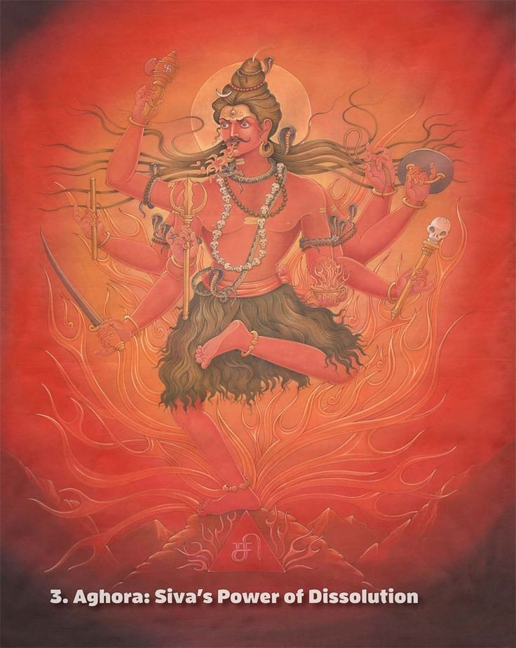 3. Aghora (“nonterrifying”), Lord of Rudra,Related to Agni MandalaThe Agamas state that Deva is the color of dark cloud & is adorned with crescent studded crown and beautiful earring. He is adorned with snakes and scorpions and a garland of skulls.