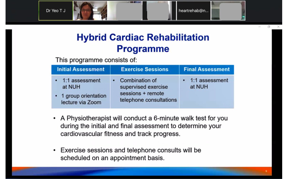 TJ_Yeo's tweet photo. Our #NUHCS Hybrid #CardiacRehab programme is now a reality! Inaugural Zoom session conducted w our pioneer batch of patients.
Huge thanks to my tireless team whose combined efforts made this possible. 💪🏻
#Telehealth #Telemedicine #HeartRehab https://t.co/4ijB16bPmG