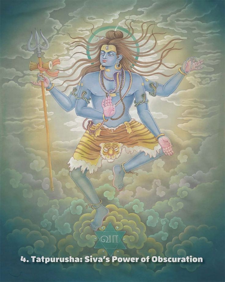 3.Tatpurusha (“supreme soul”), Related to the sphere of air (vayu mandala) The Agamas describes Deva as gold in color, dressed in yellow silken cloth, head adorned with a crown and crescent moon. In one hand he holds a string of beads and in another His trident staff.