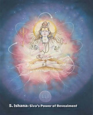 5.Ishana (“Ruler”), Related to the sphere of ether (akasha mandala), The Agamas describe Deva as pure crystal in color, with three eyes. In one hand He holds a trident and in another a string of beads. His two other hands present the abhaya (fear not) & dhyana (meditation mudras.