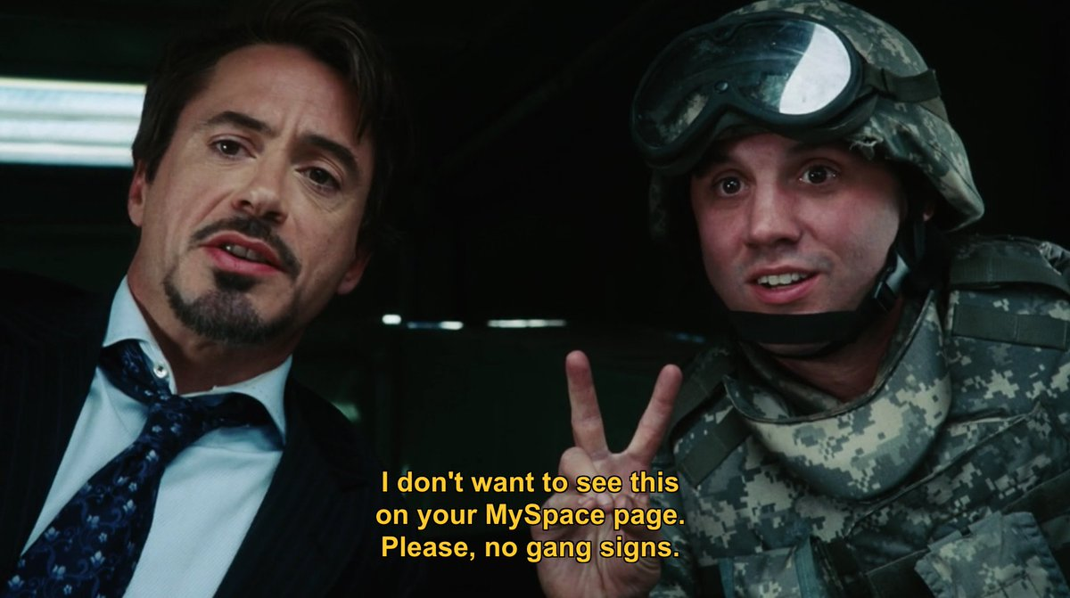 FilmEasterEggs's tweet photo. In 'Iron Man' (2008), Tony sarcastically comments on the soldier throwing up a peace sign

After the soldier dies to save him, the peace sign becomes a regular move for Tony ✌️

via u/mimedx https://t.co/3KW5m2F9A4