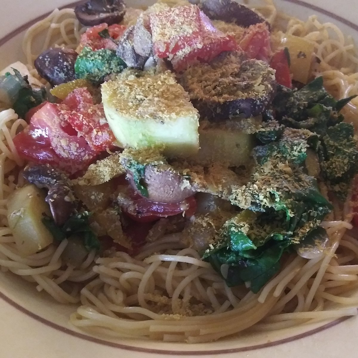 BasedJourney's tweet photo. Angel hair pasta topped with sauteed vegetables and a sprinkle of mooch. https://t.co/Bunop5XlhW