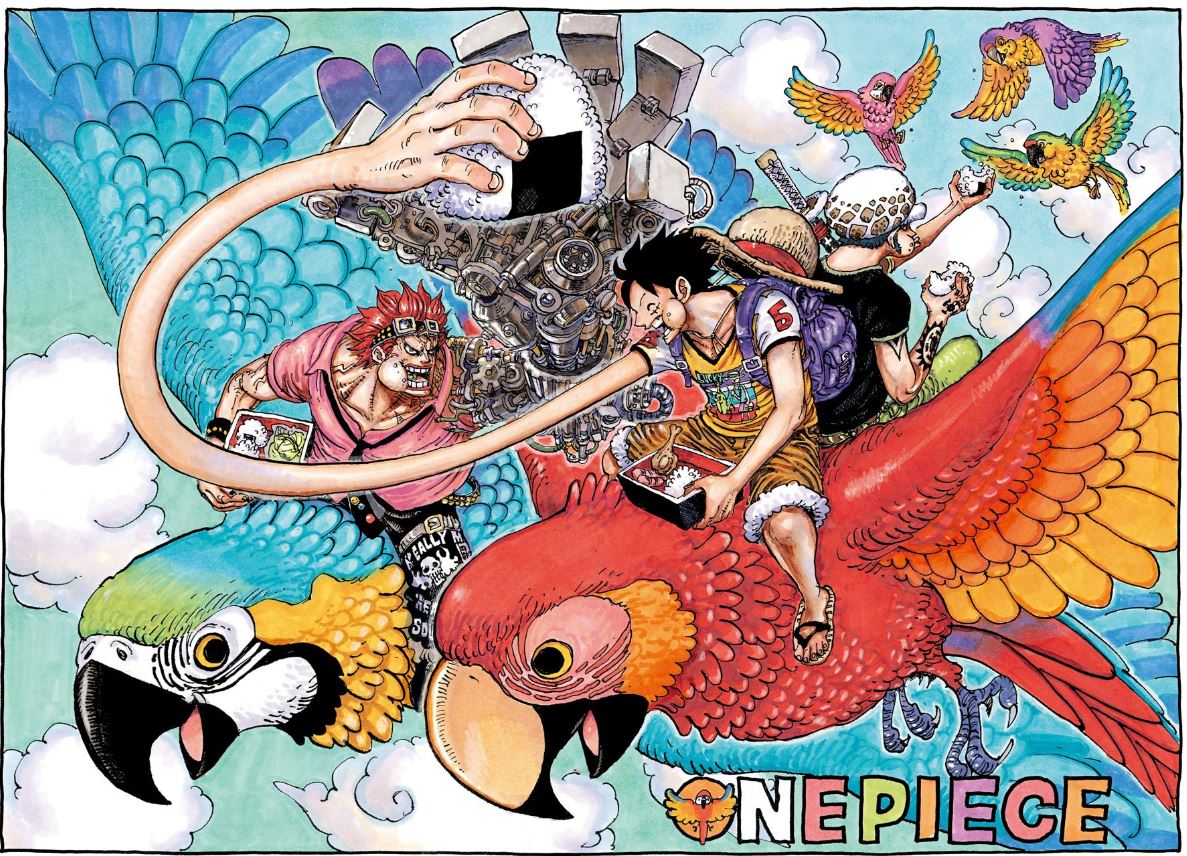 ট ইট র マンガタリー One Piece ワンピース 985話今週の扉絵 ルフィとロー キッドが きれいな2羽のオウムの上に乗って弁当を食べています 3人の同盟がワノ国以降もずっと続いていくことを期待しています