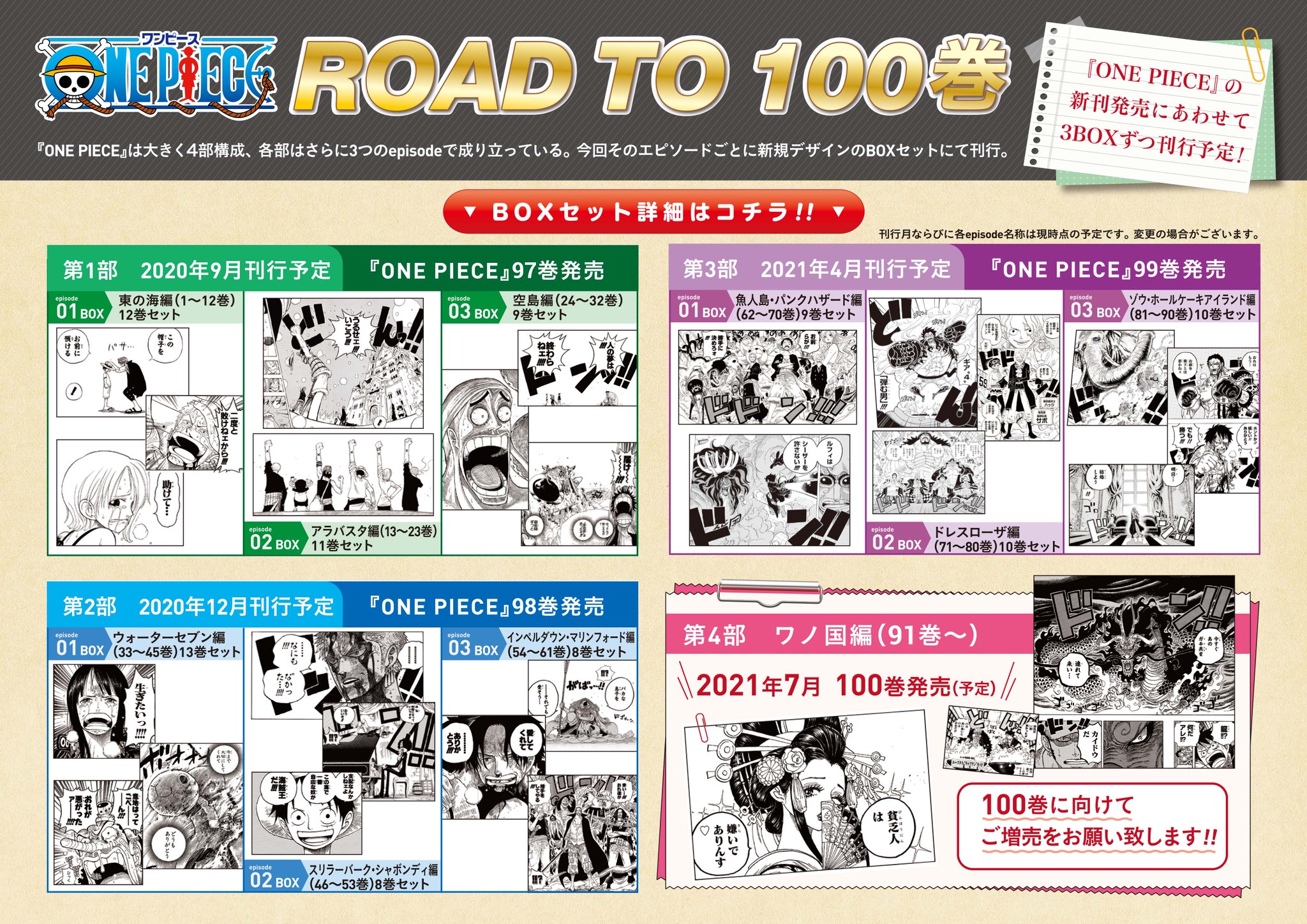 楽天ブックス One Piece 100巻刊行記念 今までのエピソードをまとめた収納boxセットでの発売が決定 4部構成 各部3boxずつの販売となります 第1部ep1 3ご予約はこちら Ep1 T Co 4kzco72ocz Ep2 T Co Eijn9lqdqa Ep3