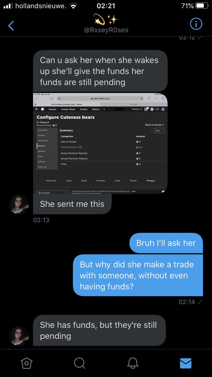 Kutzoois's tweet photo. @x_coconutt More proof!🥰 so her ‘sister’ (it’s probably her again) showed me a picture of her funds. Like she never even had the robux when she did the trade. It was still pending😂😂😂 https://t.co/6Vv8uRBjGX
