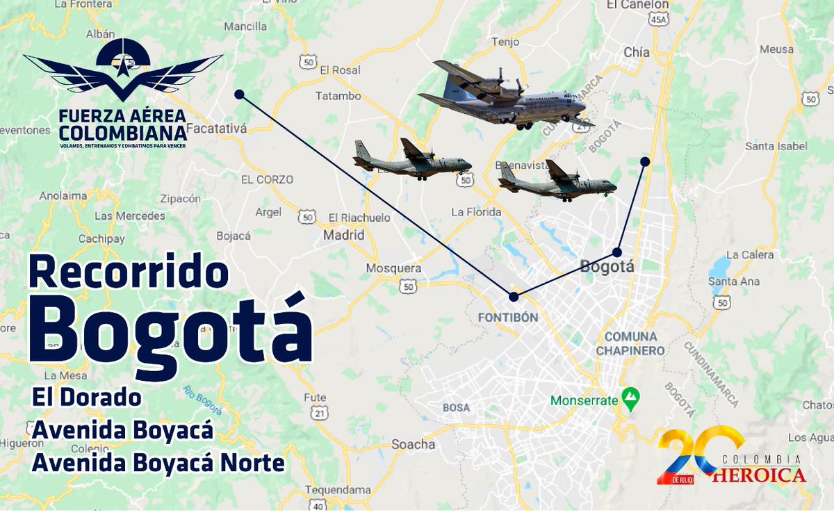 FuerzaAereaCol's tweet photo. Al finalizar la ceremonia en conmemoración del #20DeJulio, aeronaves de su @FuerzaAereaCol surcarán el cielo de la Nación, para acompañar a los colombianos en el #DíaDeLaIndependencia.

Así será en Bogotá.
#MiFuerzaAérea🇨🇴 #ColombiaHeroica #LaVictoriaesdeTodos #SomosUnoSomosTodos https://t.co/bjzdPee28Z