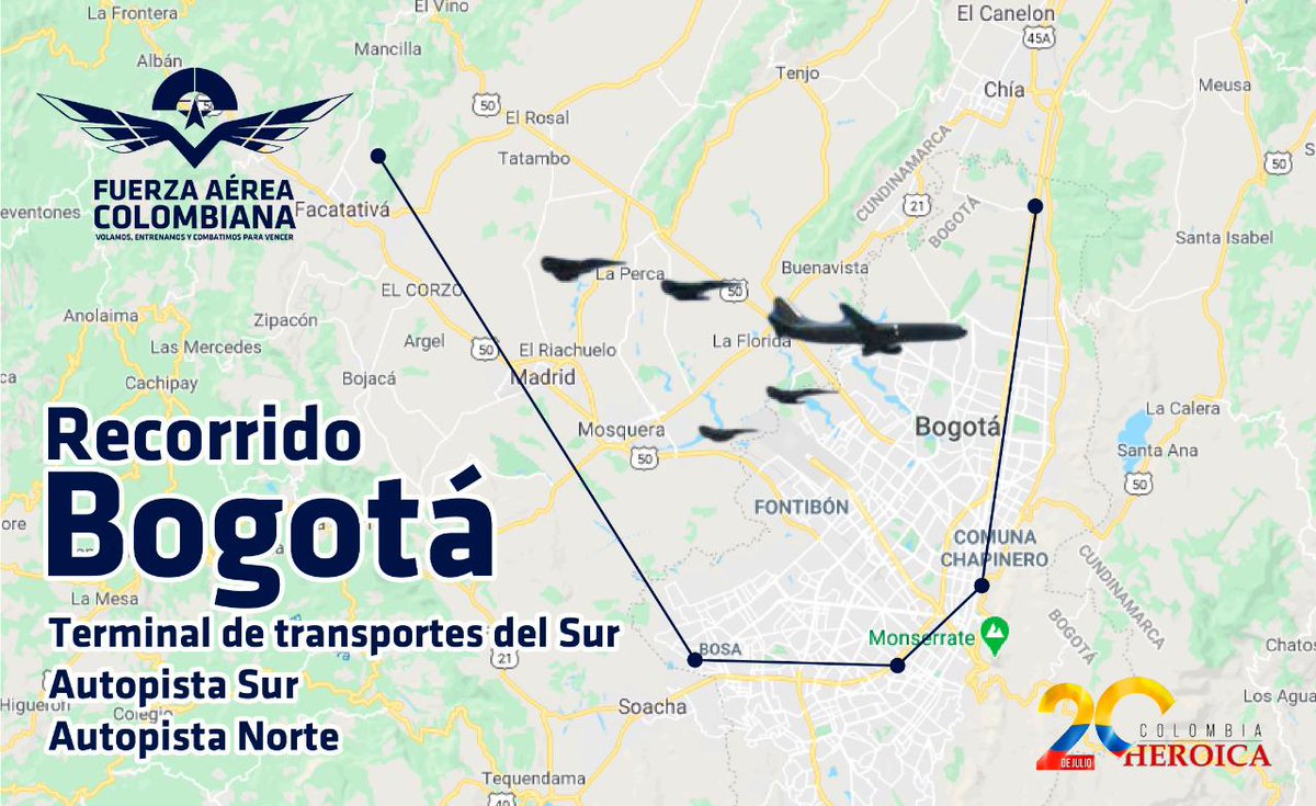 FuerzaAereaCol's tweet photo. Al finalizar la ceremonia en conmemoración del #20DeJulio, aeronaves de su @FuerzaAereaCol surcarán el cielo de la Nación, para acompañar a los colombianos en el #DíaDeLaIndependencia.

Así será en Bogotá.
#MiFuerzaAérea🇨🇴 #ColombiaHeroica #LaVictoriaesdeTodos #SomosUnoSomosTodos https://t.co/bjzdPee28Z