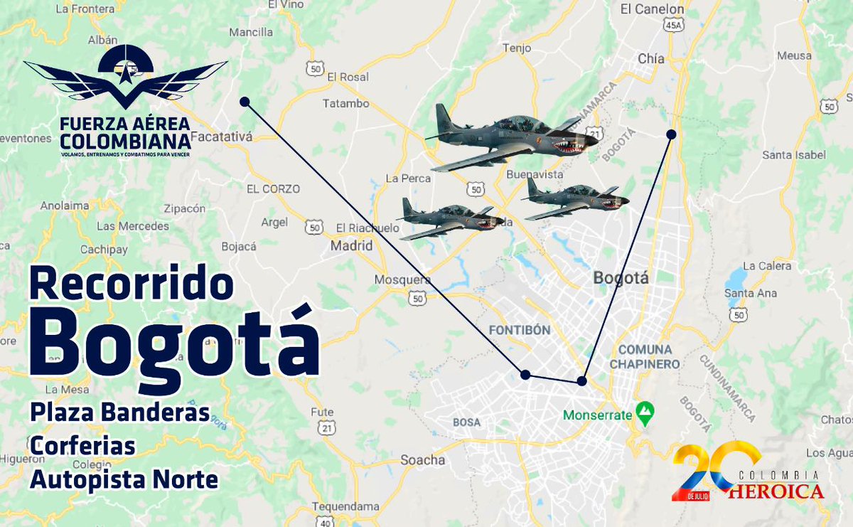 FuerzaAereaCol's tweet photo. Al finalizar la ceremonia en conmemoración del #20DeJulio, aeronaves de su @FuerzaAereaCol surcarán el cielo de la Nación, para acompañar a los colombianos en el #DíaDeLaIndependencia.

Así será en Bogotá.
#MiFuerzaAérea🇨🇴 #ColombiaHeroica #LaVictoriaesdeTodos #SomosUnoSomosTodos https://t.co/bjzdPee28Z