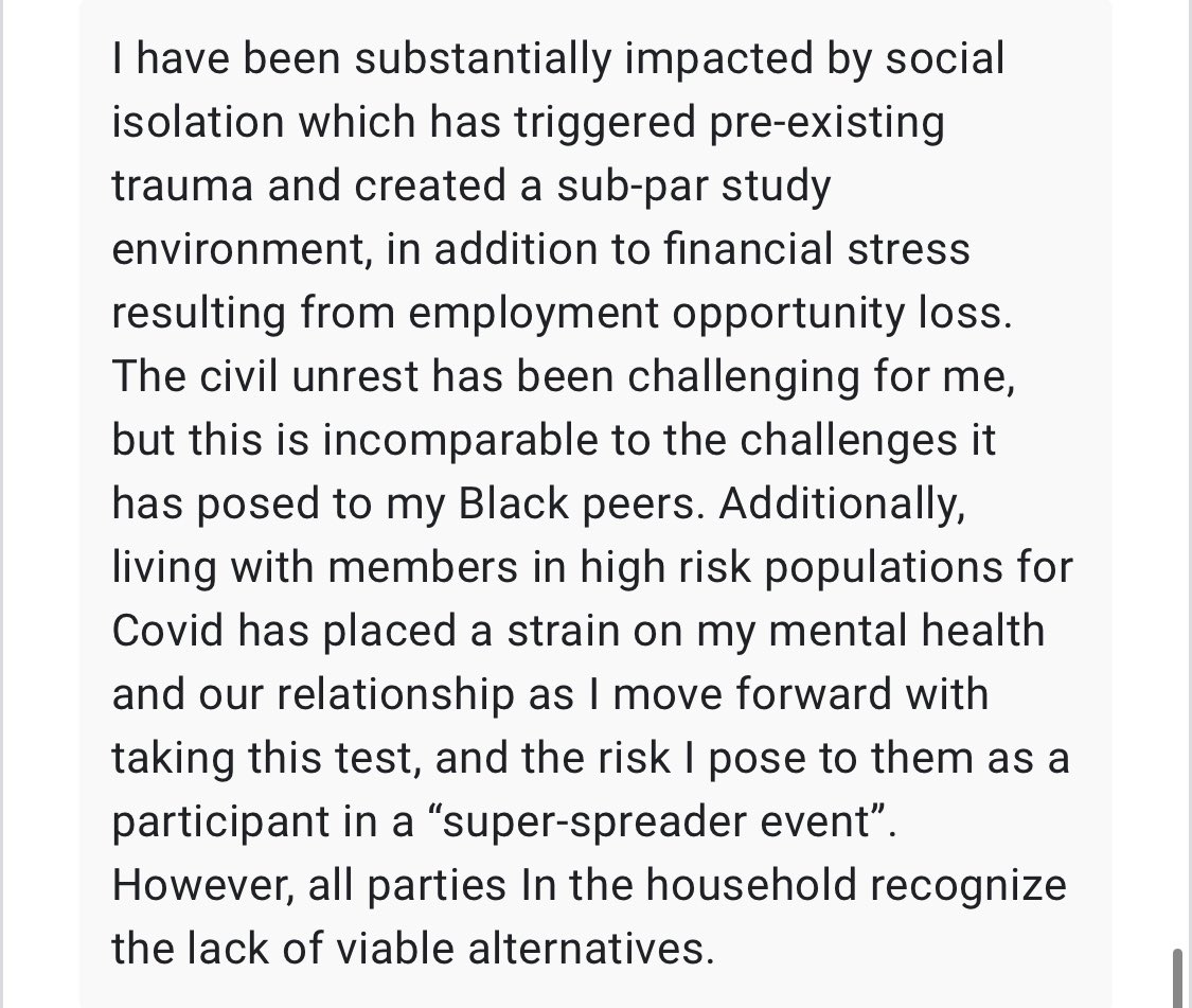 an impact statement from an applicant with pre-existing trauma, who is gravely concerned about the bar exam. This applicant discusses financial stress and mental health concerns. 11/