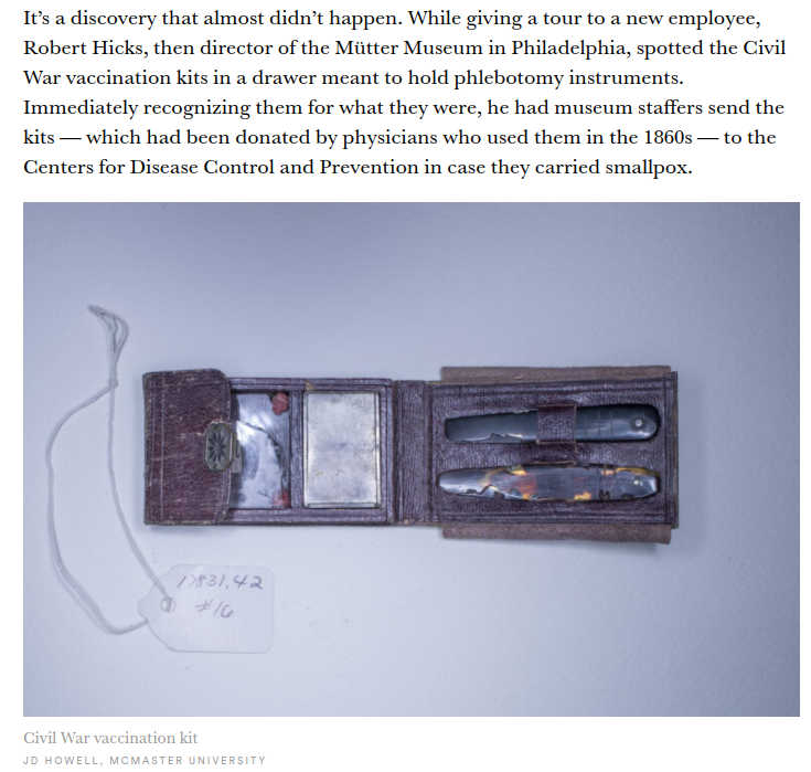 pourmecoffee's tweet photo. Wow, cool story.

"Civil War vaccination kits, discovered in a drawer, yield genetic clues to how smallpox was defeated" https://t.co/UjefLzANJl https://t.co/YsUd7FB1G3