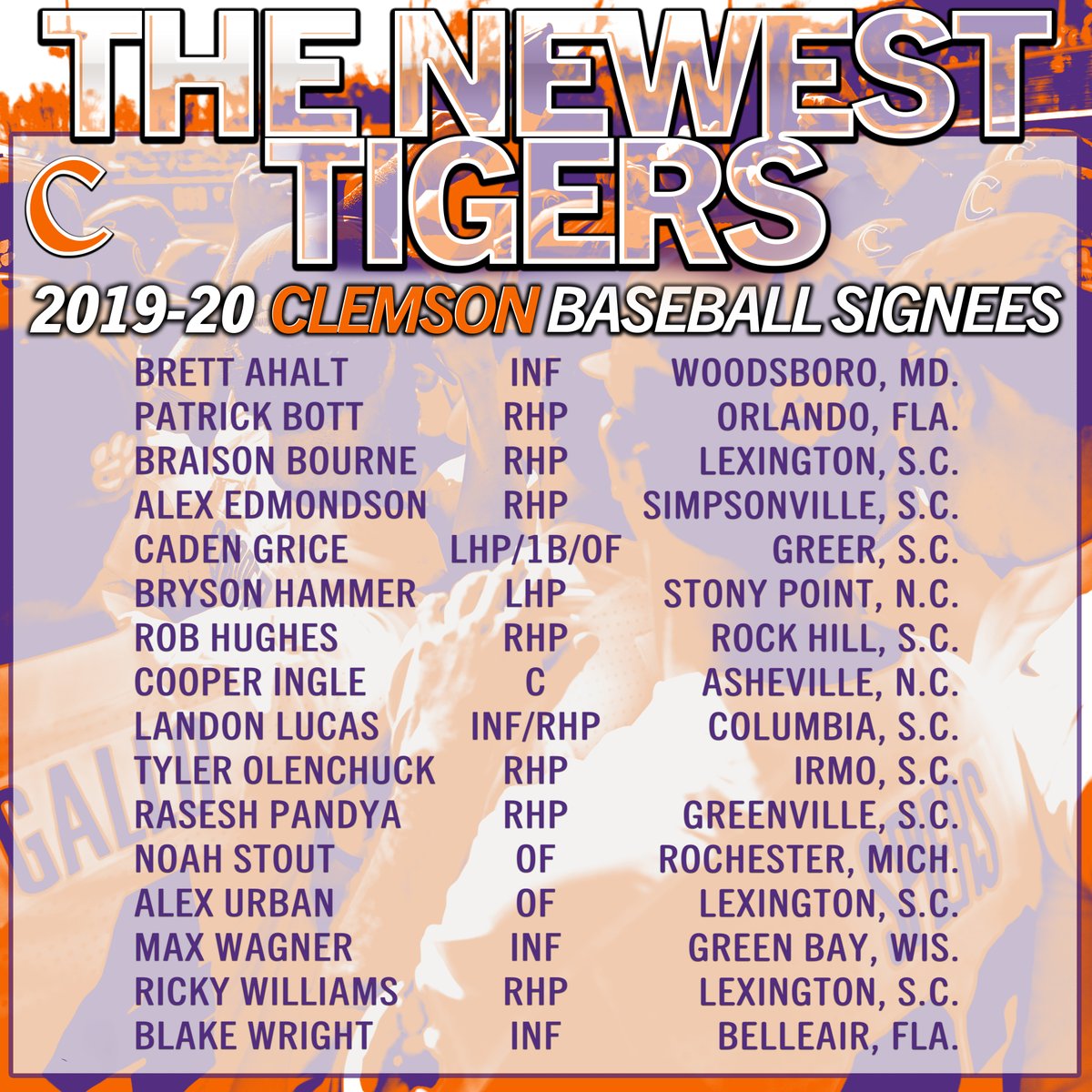 ClemsonBaseball's tweet photo. Welcome to the #ClemsonFamily! 🐾 🐅 💯

https://t.co/9HnpQL3aUL https://t.co/rnNjtEcK4p