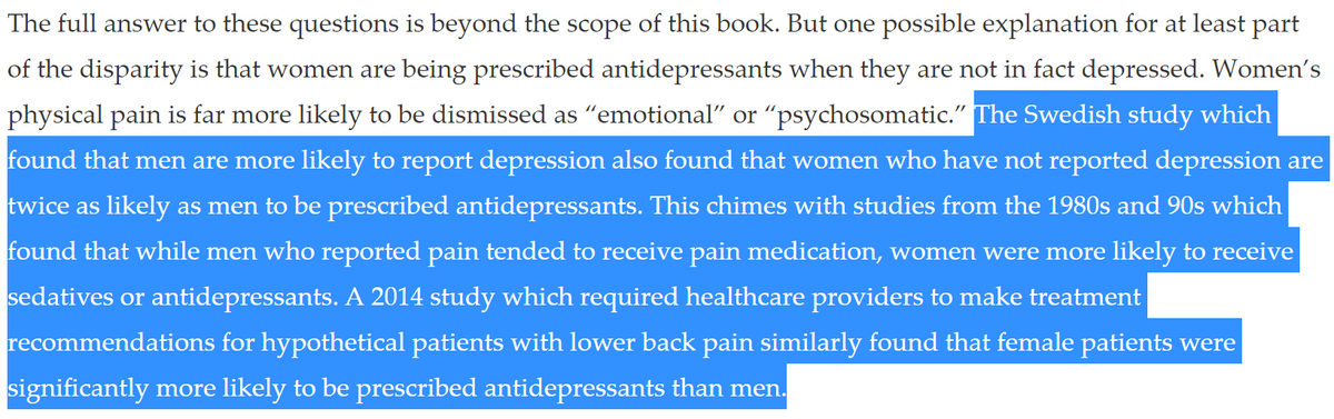 Men who report pain tend to receive pain medication, women who report pain are more likely to receive sedatives or antidepressants 4/ https://longreads.com/2019/06/21/yentl-syndrome-a-deadly-data-bias-against-women/also:  https://www.bbc.com/future/article/20180518-the-inequality-in-how-women-are-treated-for-pain