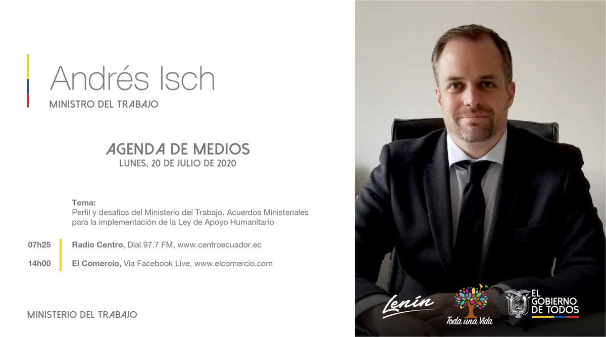 MinTrabajoEc's tweet photo. #MDTEnMedios 📻| Los invitamos a seguir las entrevistas del ministro @andresisch, donde explicará los retos que se presentan en el país en materia laboral y los acuerdos que contempla la #LeyApoyoHumanitario. #AEcuadorLoSacamosTodos🇪🇨 https://t.co/onLn4GjSla