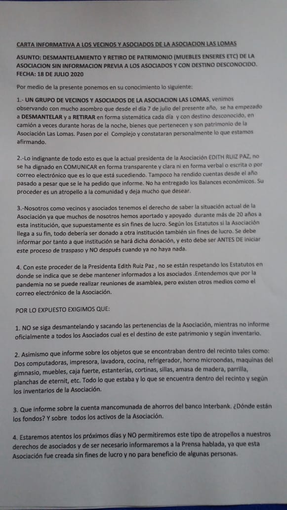 diego202022's tweet photo. Carta a la opinión pública de una urbanización de surco las lomas el complejo Deportivo lo quieren reemplazar por un colegio nacional o nido la gente está en desacuerdo #alehiesnoseva @diego202022 @Cuarto_Poder @JaimeChincha @julianaoxenford @RPPNoticias @RPPDeportes https://t.co/BTbBu6et3U