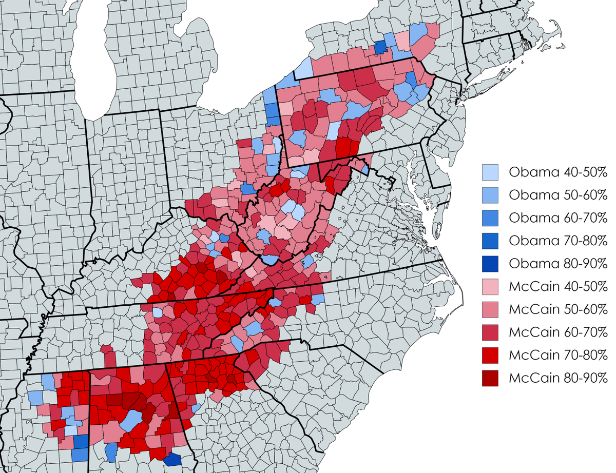 Now, here’s Barack Obama’s performance in 2008. In many places, he still hangs on, even winning a few counties in West Virginia. But the decline is noticeable almost everywhere, especially in eastern Kentucky, northern Georgia, and almost all of Tennessee.