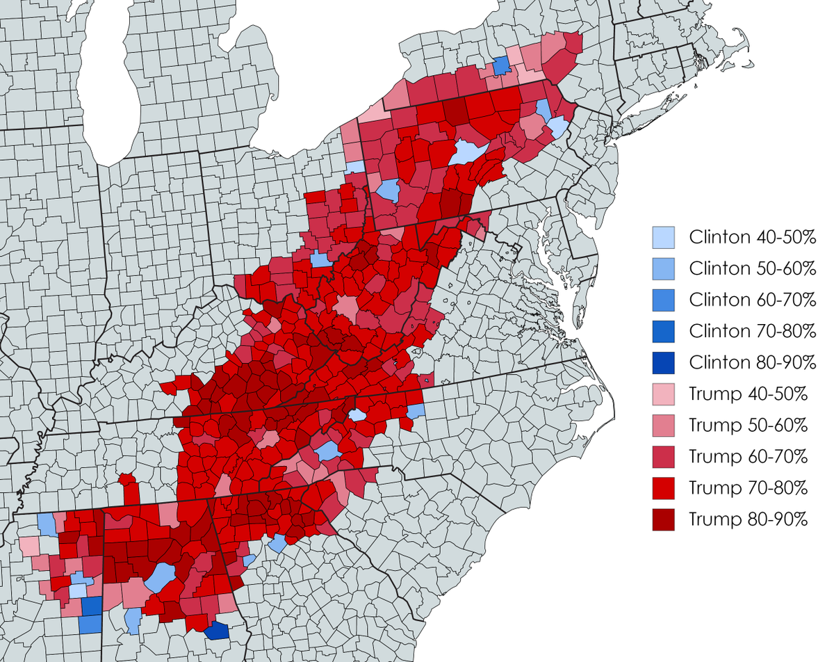 Lastly, we have Hillary Clinton’s abysmal 2016 showing. Donald Trump got >70% of the vote in a huge bulk of counties. Clinton’s complete failure actually does more to show how excellent Obama was at winning working-class whites, especially in 2008.