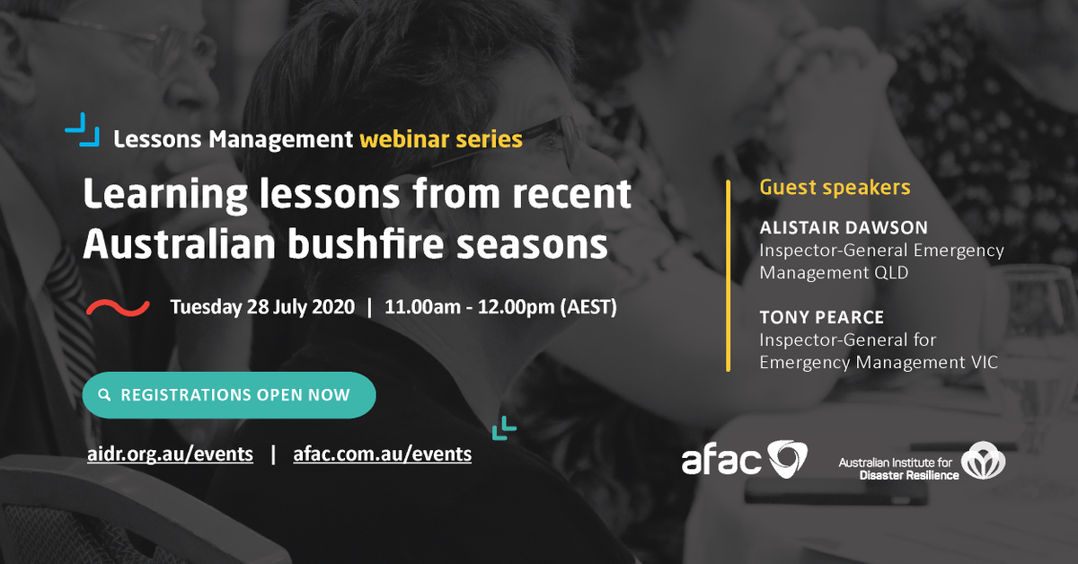 AFACnews's tweet image. The Lessons Management Forum has moved online in 2020. The series begins with Queensland IGEM Alistair Dawson and Victorian IGEM Tony Pearce on their experiences reviewing the recent bushfire events and comparing them with previous reviews. Free to attend: afac.com.au/meetings/meeti…