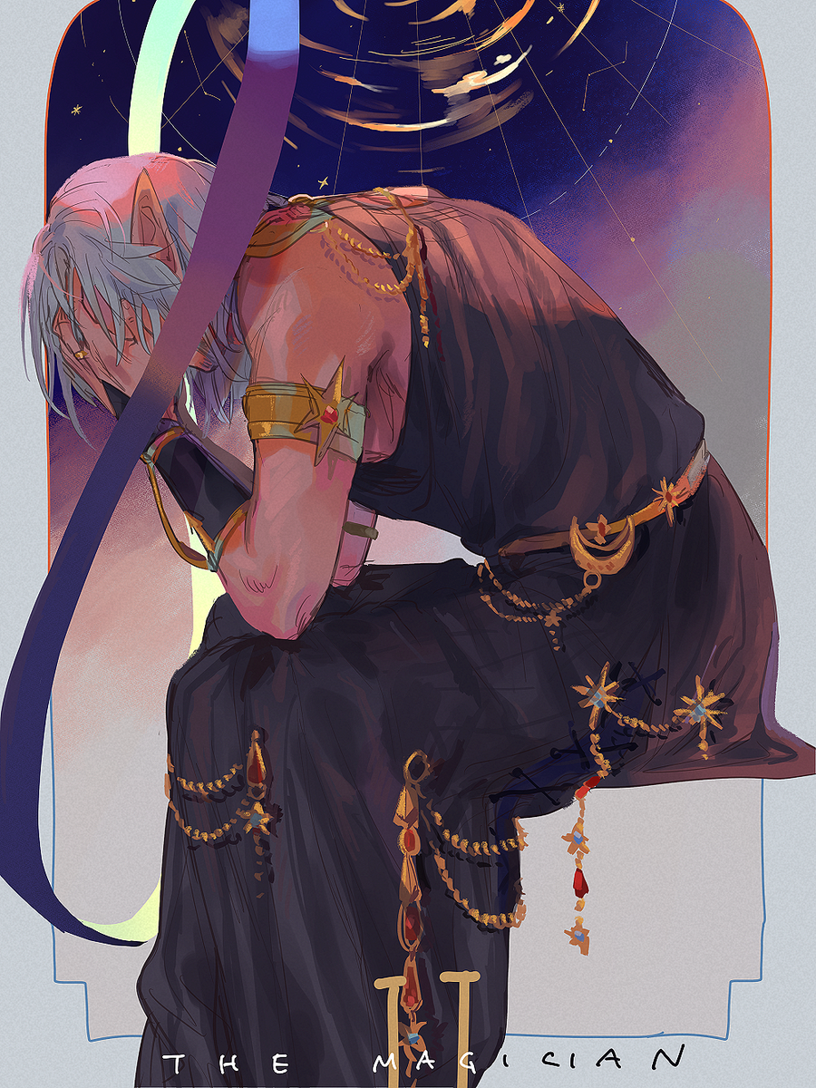 djyuuji's tweet image. next up....... :) the magician tarot.. reversed meaning: deception, untrustworthiness

i actually started out w/ a much more generic sketch but realized that my fave urianger part of shb is realizing the immense burden he held, keeping the exarch's secret for years and years