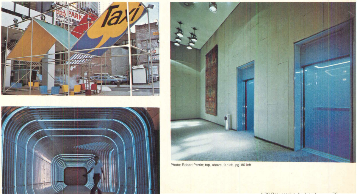 Colorful canopies at sharp angles throughout the plaza, a groovy lit tunnel to the elevators, and blue elevators... 2/