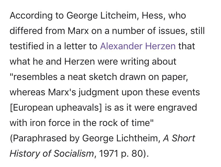 In an obituary of Hess, one can find in the Marxists dot org copy of The German Ideology, says he & Herzen lived in practice what Marx said in theory, but conversely, Hess said of himself, Herzen & Marx a complementary & complimentary () statement