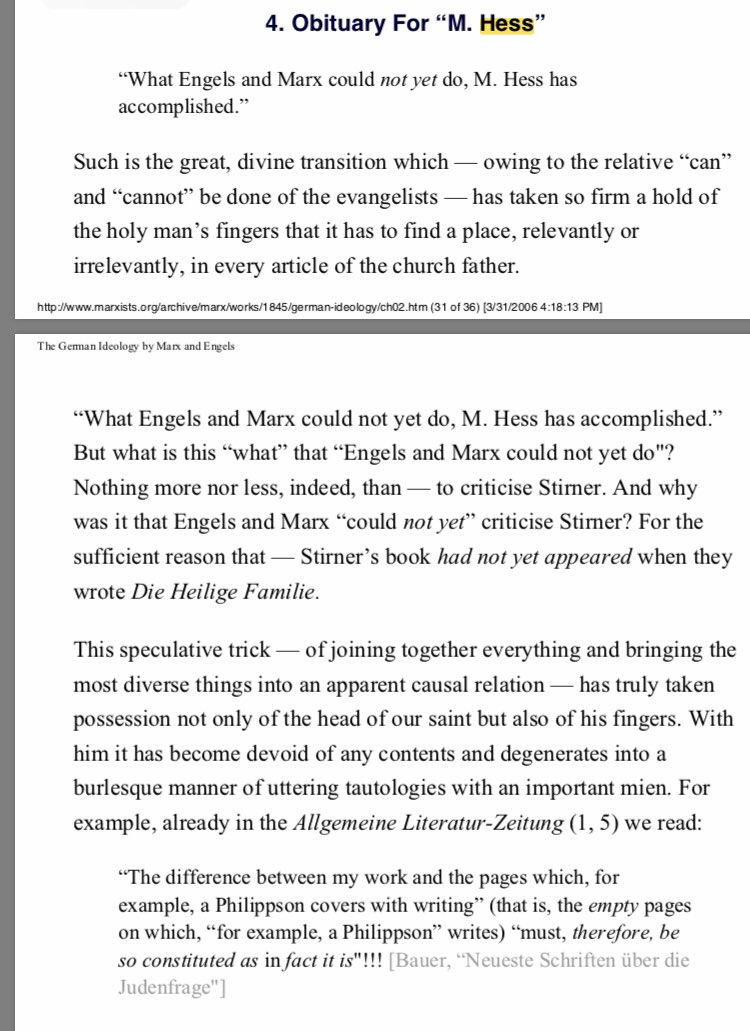 In an obituary of Hess, one can find in the Marxists dot org copy of The German Ideology, says he & Herzen lived in practice what Marx said in theory, but conversely, Hess said of himself, Herzen & Marx a complementary & complimentary () statement