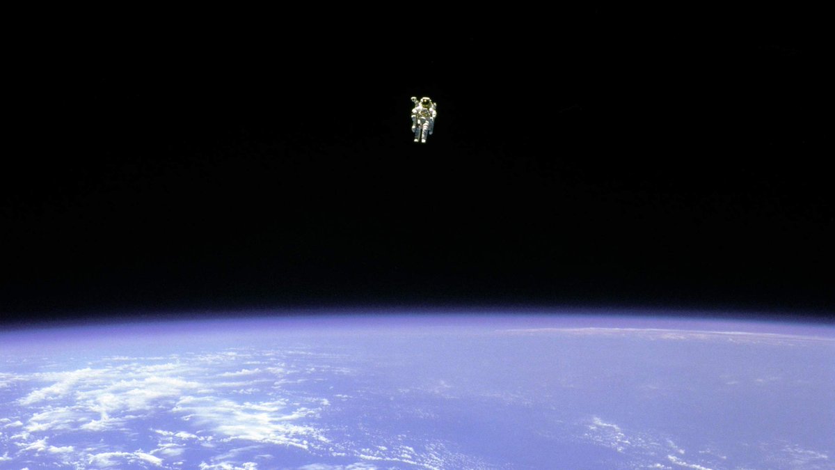 Floating free in space. Astronaut Bruce McCandless's amazing untethered spacewalk far from the safety of Space Shuttle Challenger.