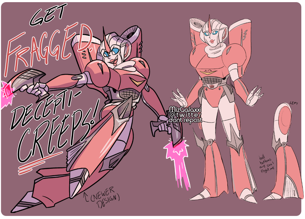 MizGalaxxi's tweet photo. #TransformersArceeDesignChallenge reminded me i needed to finish this file i started 4ever ago of my original arcee design u . u former teacher turned weapons expert, she turns into a chevy bel air and her wings are over-the-shoulder canons. #Transformers #artistsontwitter https://t.co/1KOLasbH2B