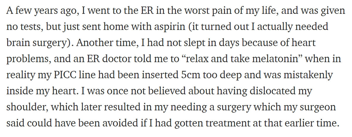 I wrote about some of my experiences of being disbelieved & dismissed, including the time I was sent home from the ER in terrible pain with no tests & only aspirin, but I actually needed brain surgery 8/ https://medium.com/@racheltho/the-tech-industry-is-failing-people-with-disabilities-and-chronic-illnesses-8e8aa17937f3