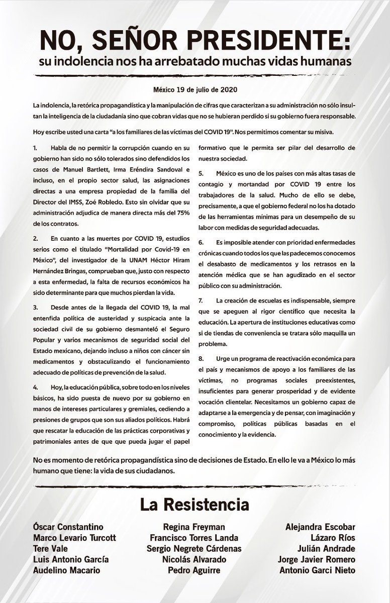 _audelino's tweet photo. Segundo comunicado de #LaResistencia, ciudadanos en defensa de la democracia y las libertades civiles en #Mx 
#NoPresidente Su indolencia nos ha arrebatado muchas vidas humanas. https://t.co/1uP7iovbHl
