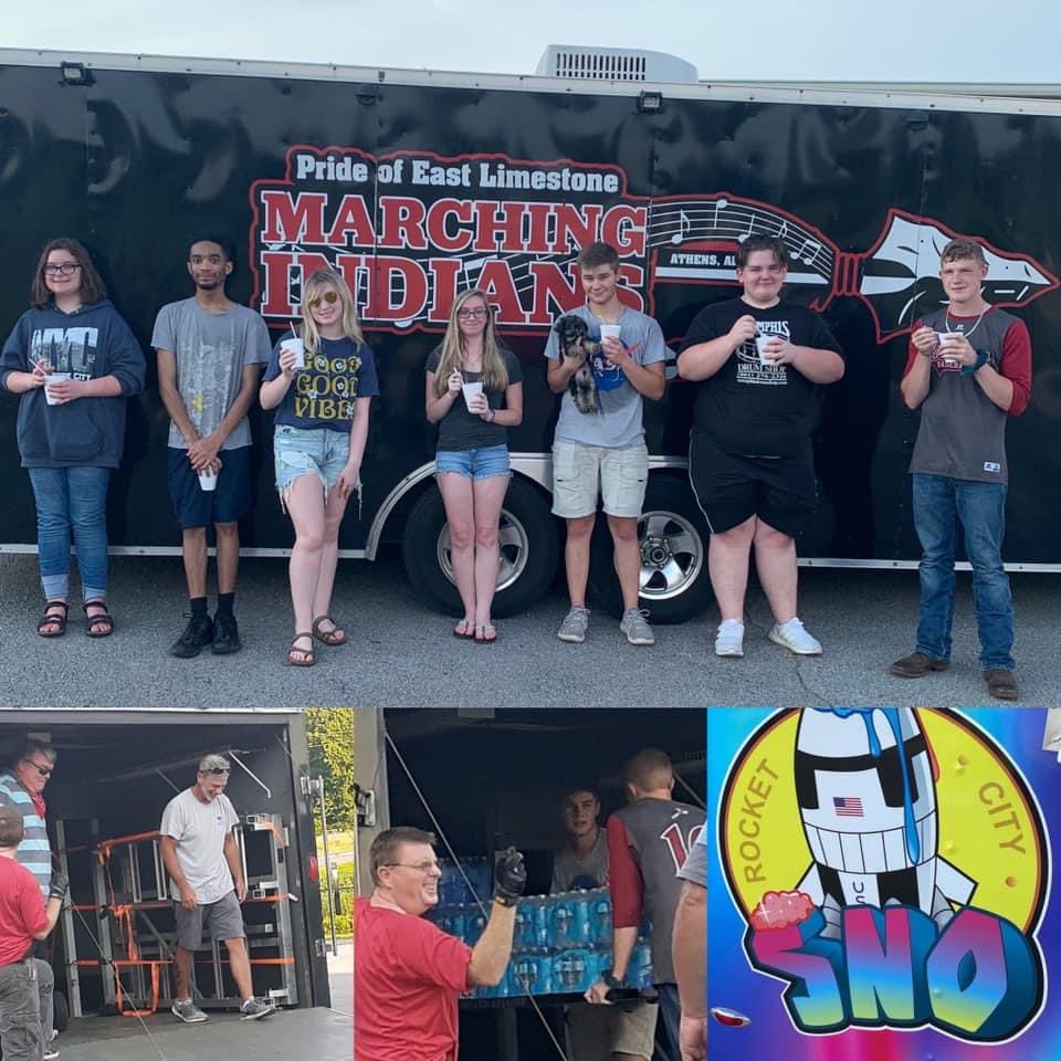 elimestoneband's tweet photo. Volunteers spent this sweltering afternoon loading and unloading water for the upcoming season. 

A cool down from Rocket City Sno was much appreciated! 

#goband
#StrongerTogether
#teamworkmakesthedreamwork https://t.co/pNNakpBkdA