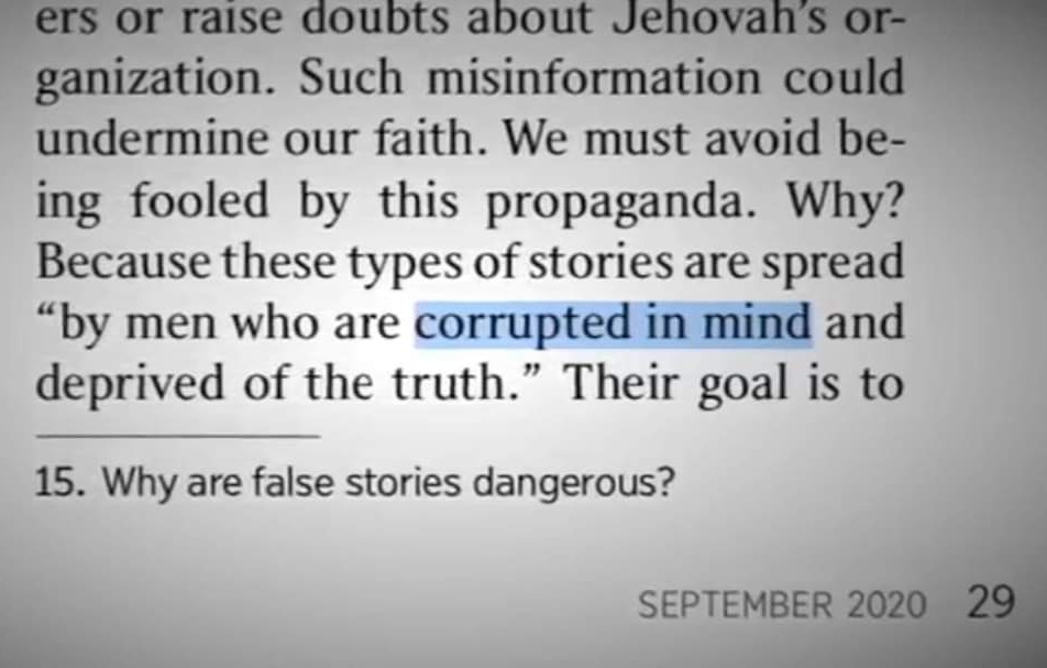 Xposinthetruth's tweet photo. Watchtower is giving Apostates a new name "Corrupted in Mind" this must be a form of their ever-changing new light.  They used to call us "Mentally Diseased". https://t.co/A67H6CWNTi